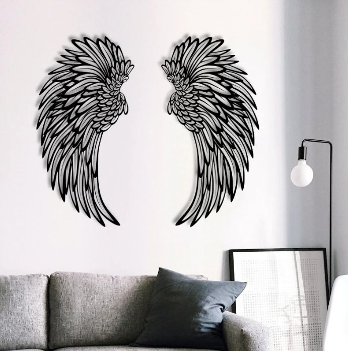 Carved Metal Wall Decor Art With Light Angel Wings Decoration - Renee Lane Company