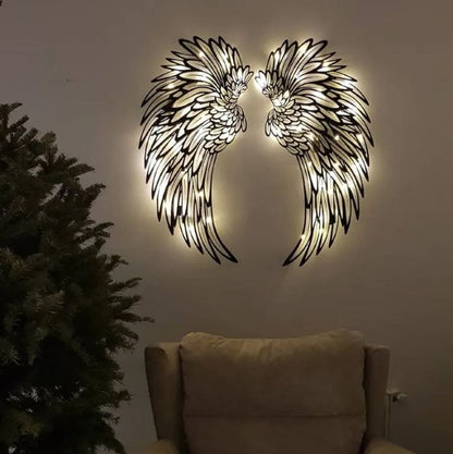 Carved Metal Wall Decor Art With Light Angel Wings Decoration - Renee Lane Company