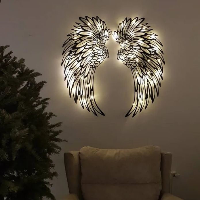 Carved Metal Wall Decor Art With Light Angel Wings Decoration - Renee Lane Company