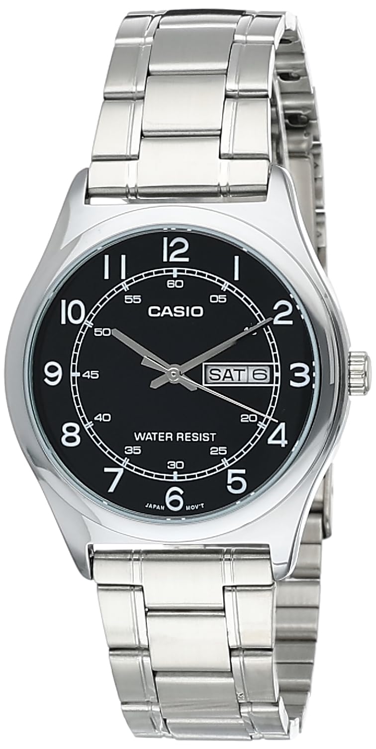 Casio MTP-V006D-1B2 Mens Stainless Steel Easy Reader Black Dial Day Date Analog Dress Watch - Renee Lane Company