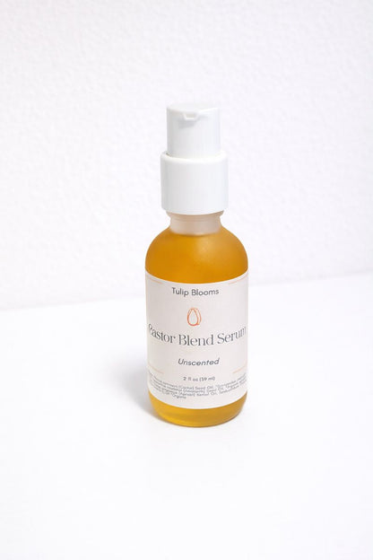 Castor Blend serum bottle, unscented, amber liquid with white pump top