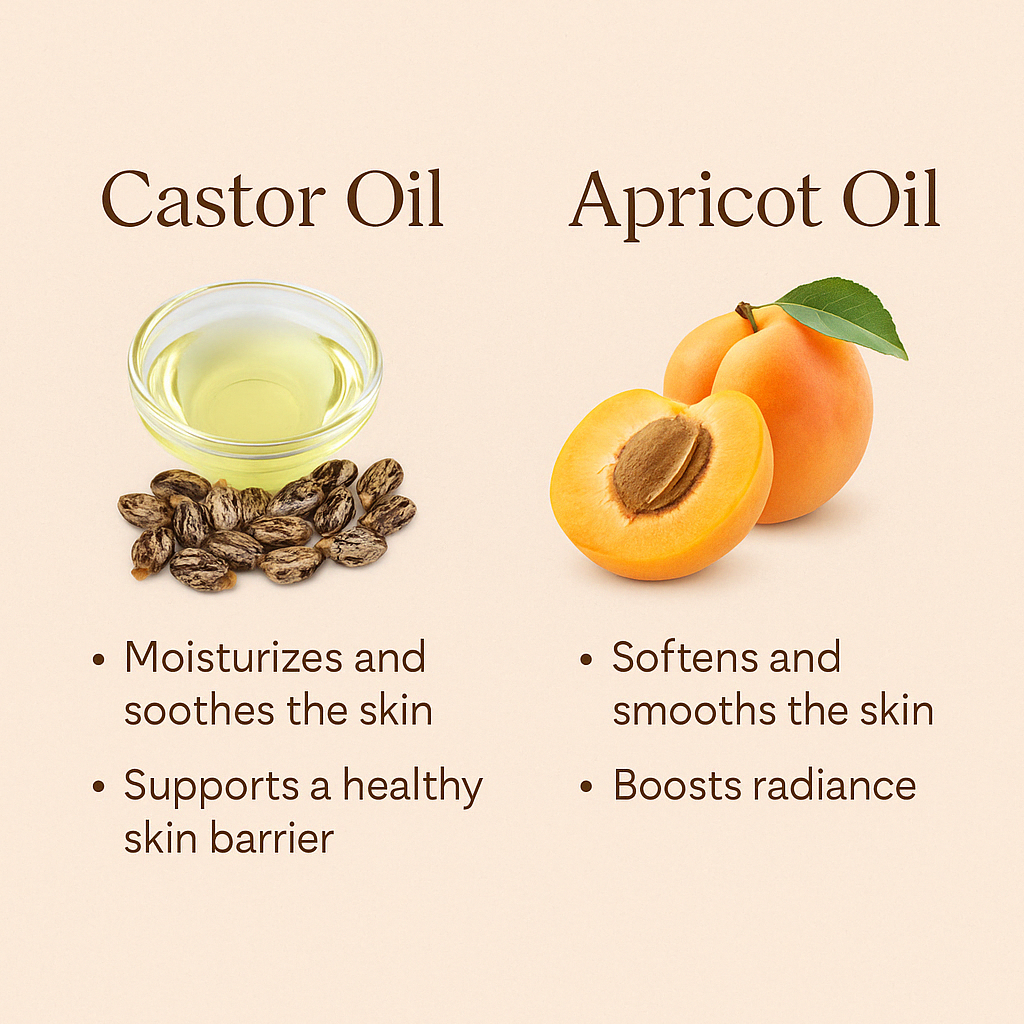 Castor Blend oil blend ingredients card showing two oils and moisturizing benefit bullets