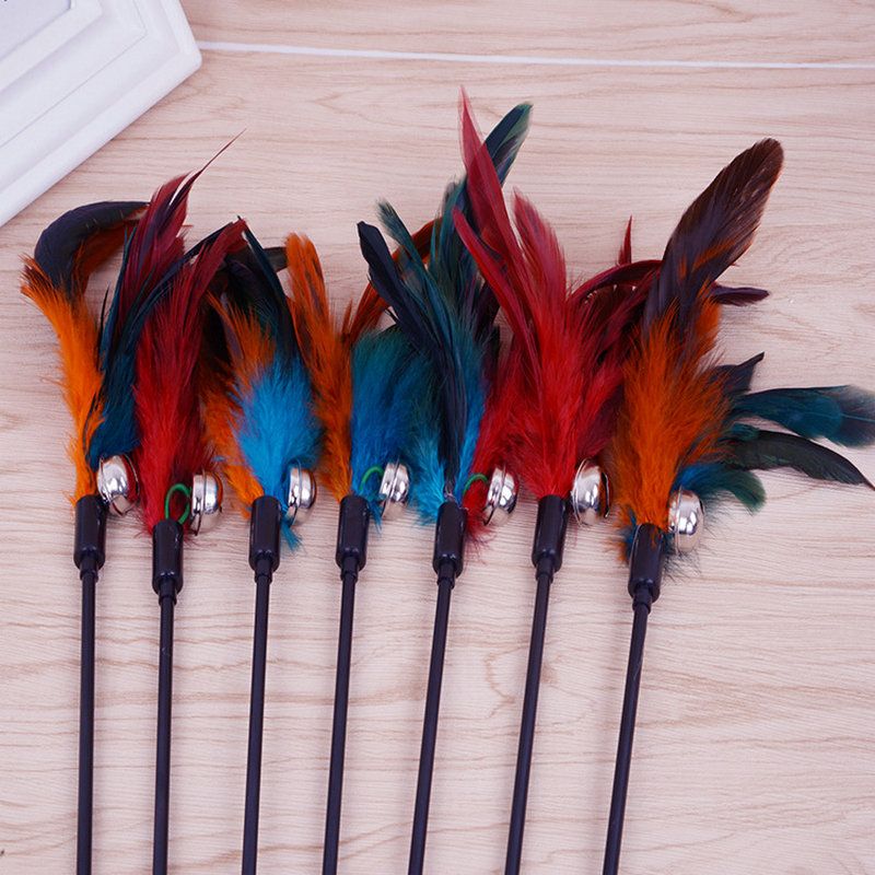 Cat Wand Stick Toy Color Vary Feather with Bell Teaser and Exerciser for Cat and Kitten - Renee Lane Company