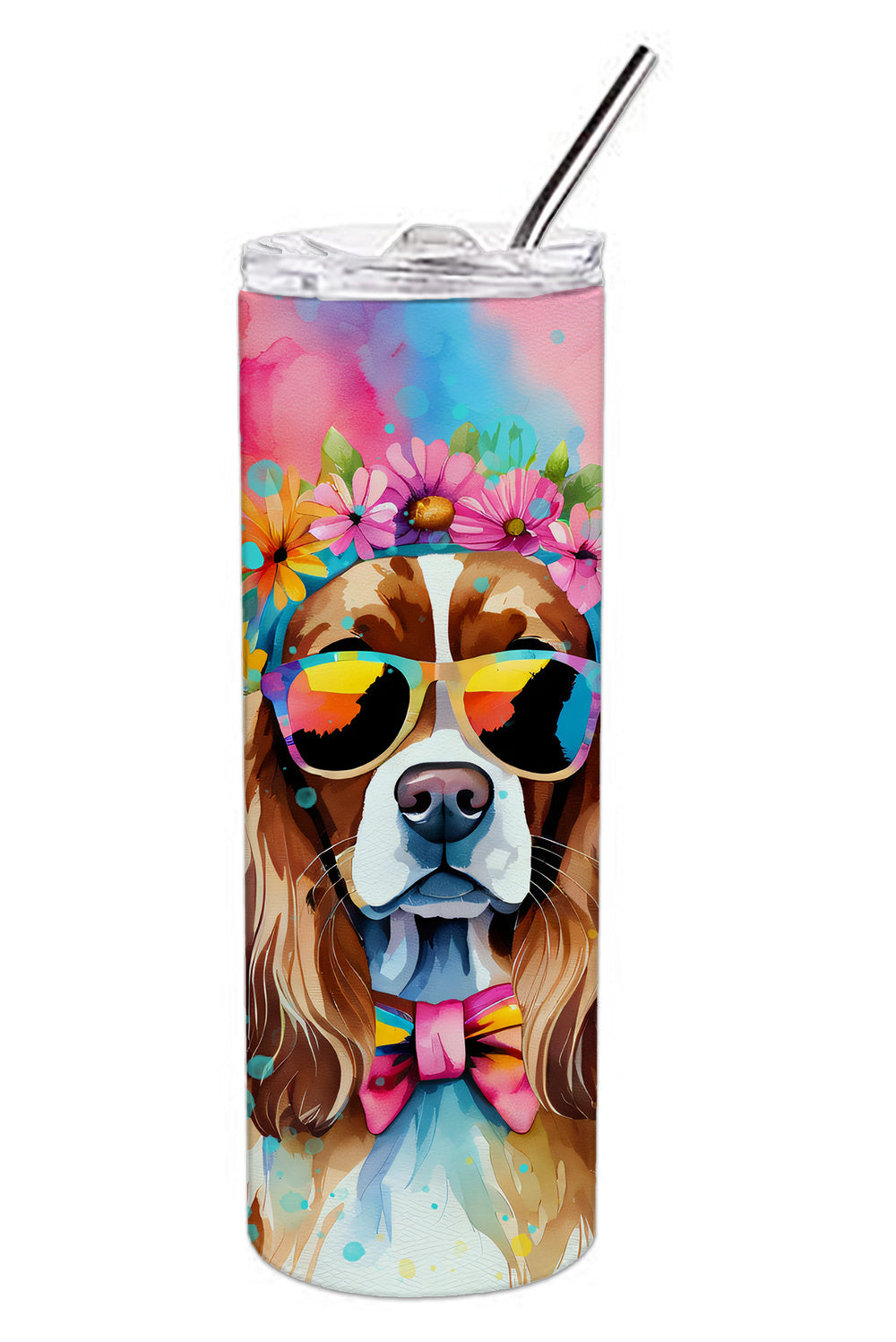 Cavalier Spaniel Hippie Dawg Stainless Steel Skinny Tumbler Vacuum Double Walled Reusable Insulated Tumbler Travel Cup for Coffee Cocktails Gift with Lid, 20 oz - Renee Lane Company