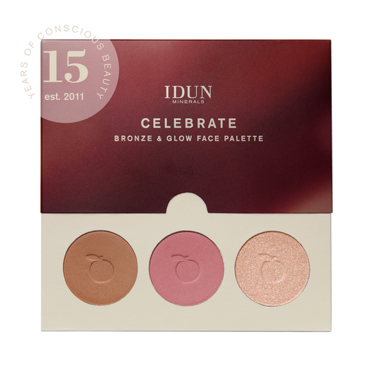 Bronze & glow face palette with three pans: bronze, rosy pink, rose-gold shimmer