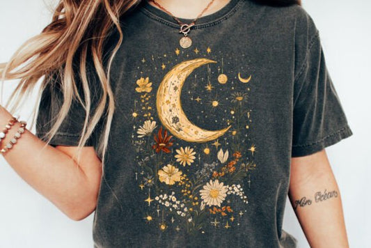 Celestial Moon Boho Flowers Vintage Unisex Bamboo/Cotton Graphic T-Shirt - Renee Lane Company
