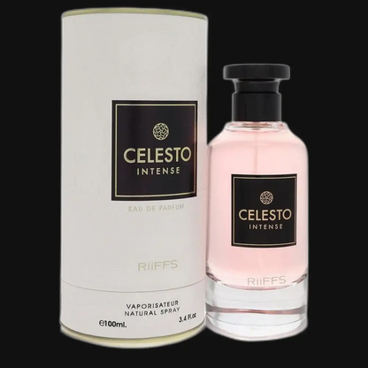 Celesto Intense eau de parfum spray, white canister and pink glass bottle