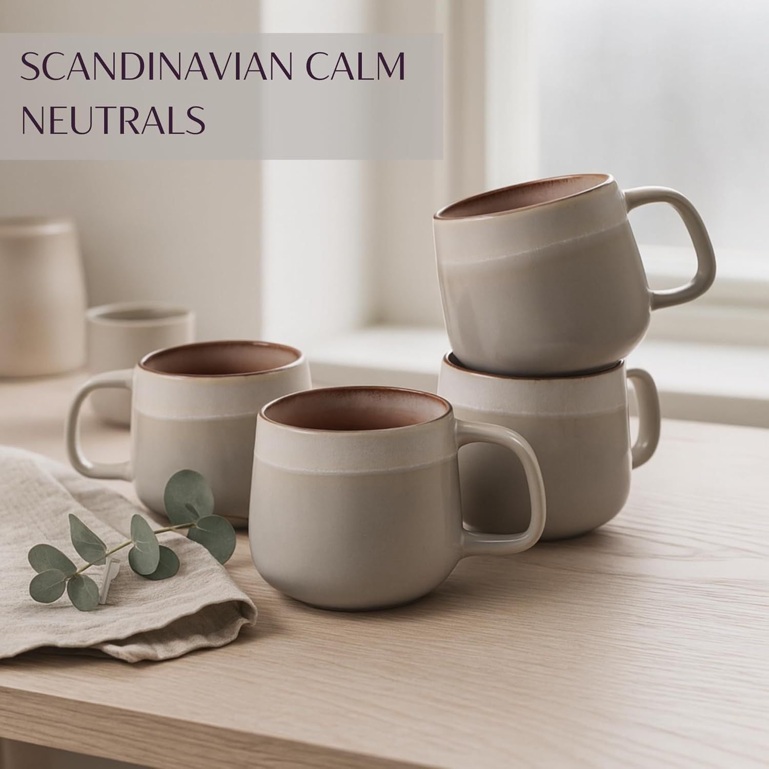 Ceramic Coffee Mugs Set of 4 | 12 oz Stoneware Coffee Cups | Lead-Free, Non-Toxic | Microwave and Dishwasher Safe | Comfortable Handle | Aesthetic Nordic Design for Tea and Latte | Sage - Renee Lane Company