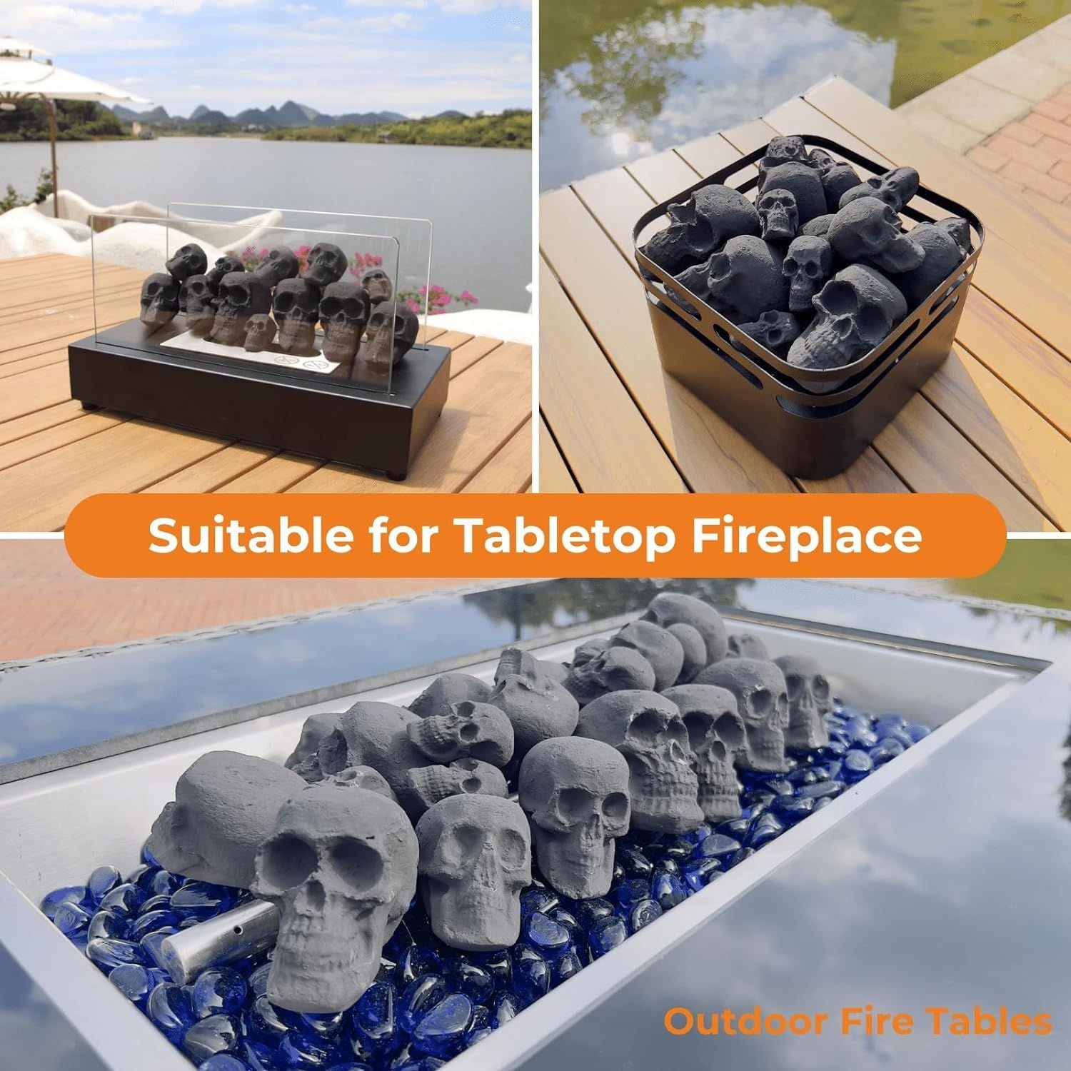 Ceramic Skulls for Fire Pit, Outdoor Fire Tables, 7pcs Reusable Spooky Imitated Human Skull Gas Log for Party, Bonfire,Campfires,Fireplaces, 3.1 inch - Renee Lane Company
