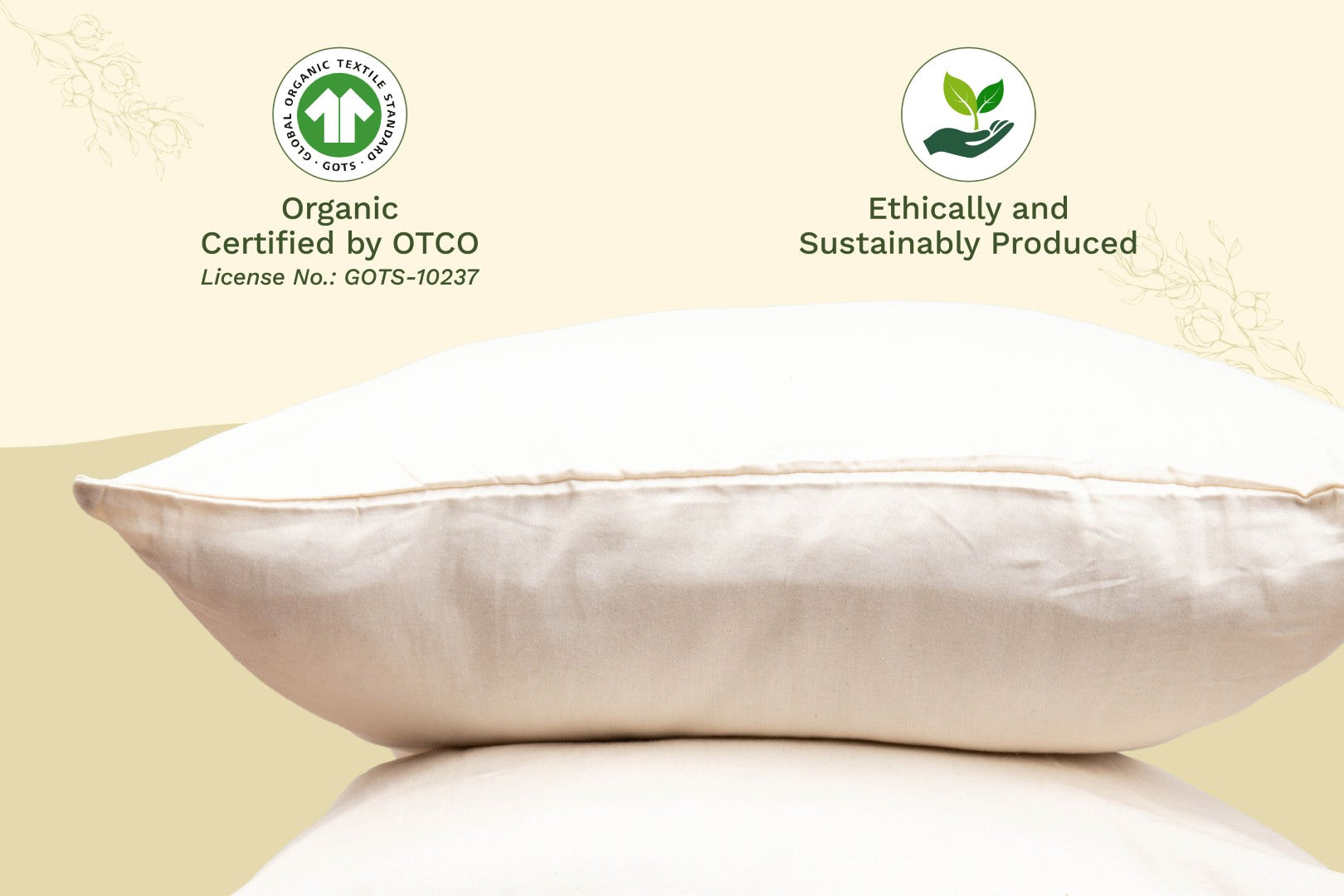 Organic sateen pillowcase, white folded case with certification icons
