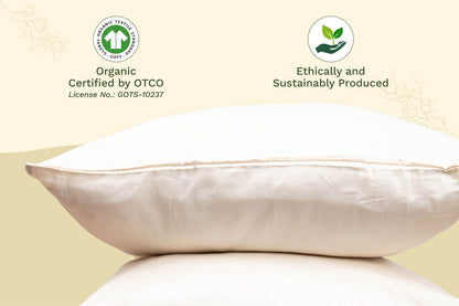 Organic sateen pillowcase, white folded case with certification icons