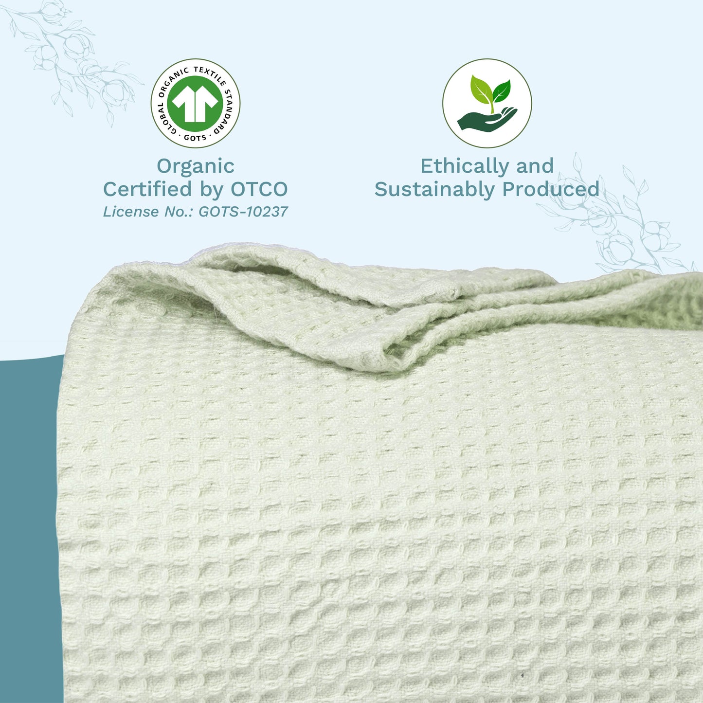 Waffle weave blanket, pale green folded with visible textured waffle pattern