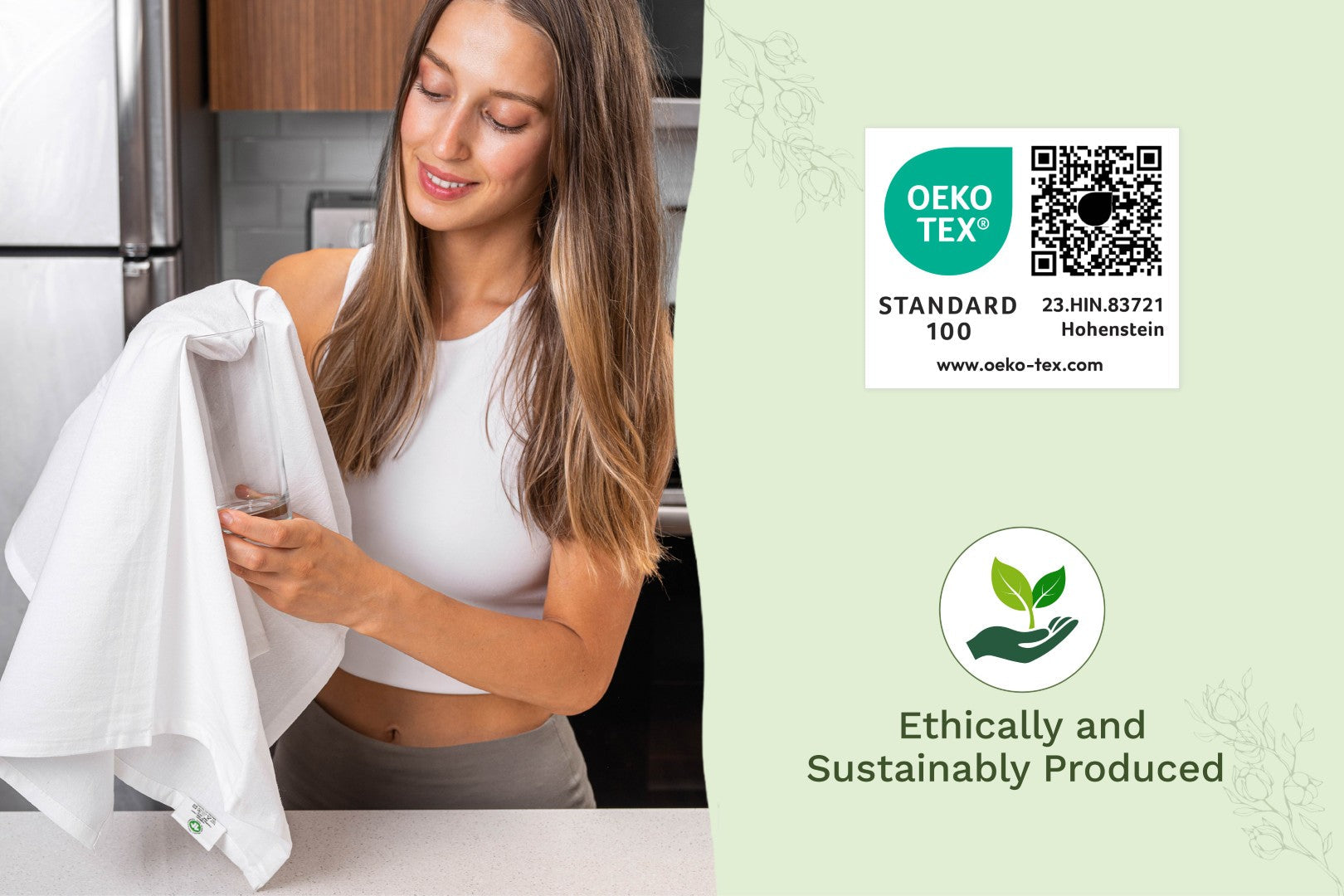 Kitchen flour sack towels, white cloth held near kitchen counter