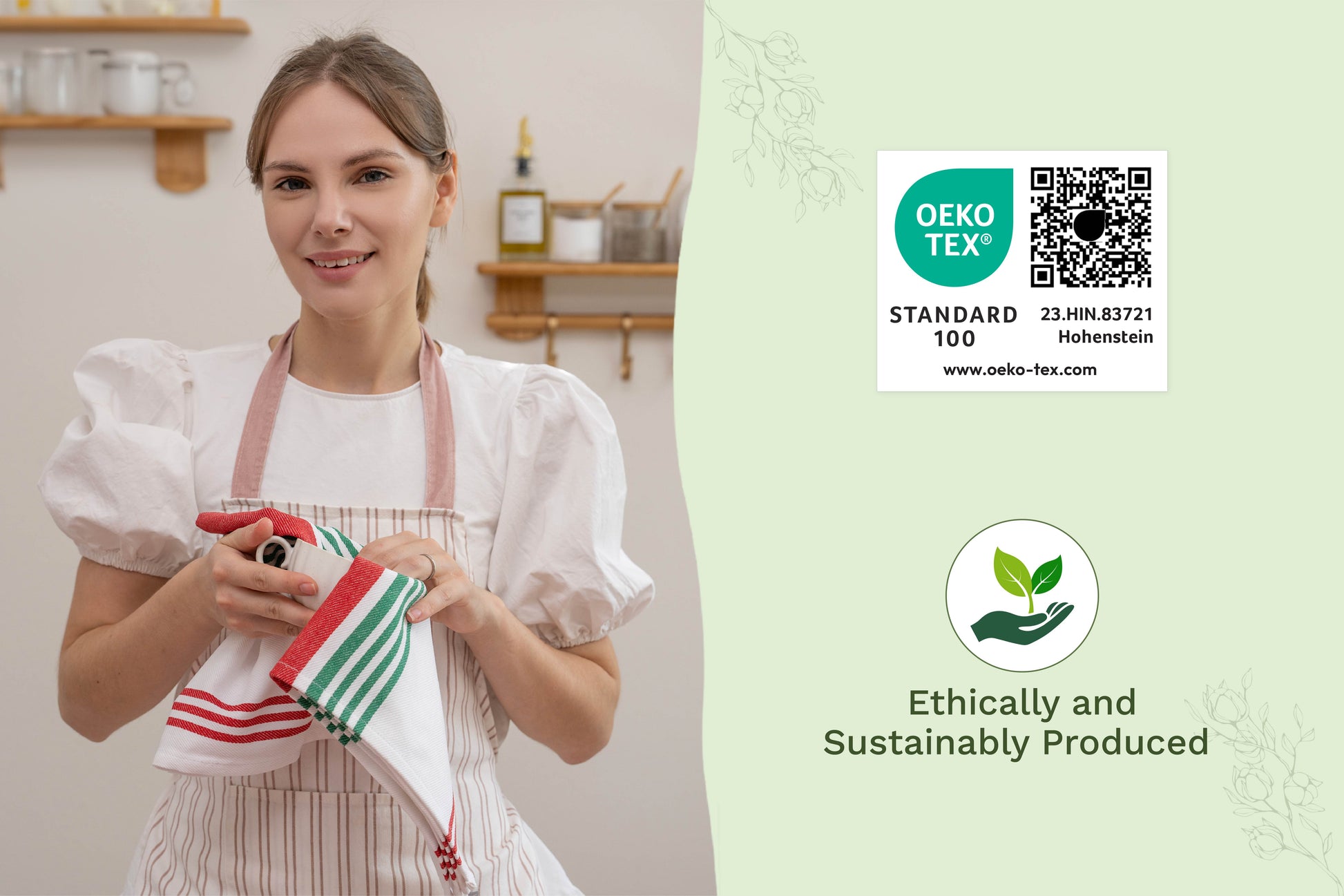 Green and red striped kitchen towels held by a person in an apron