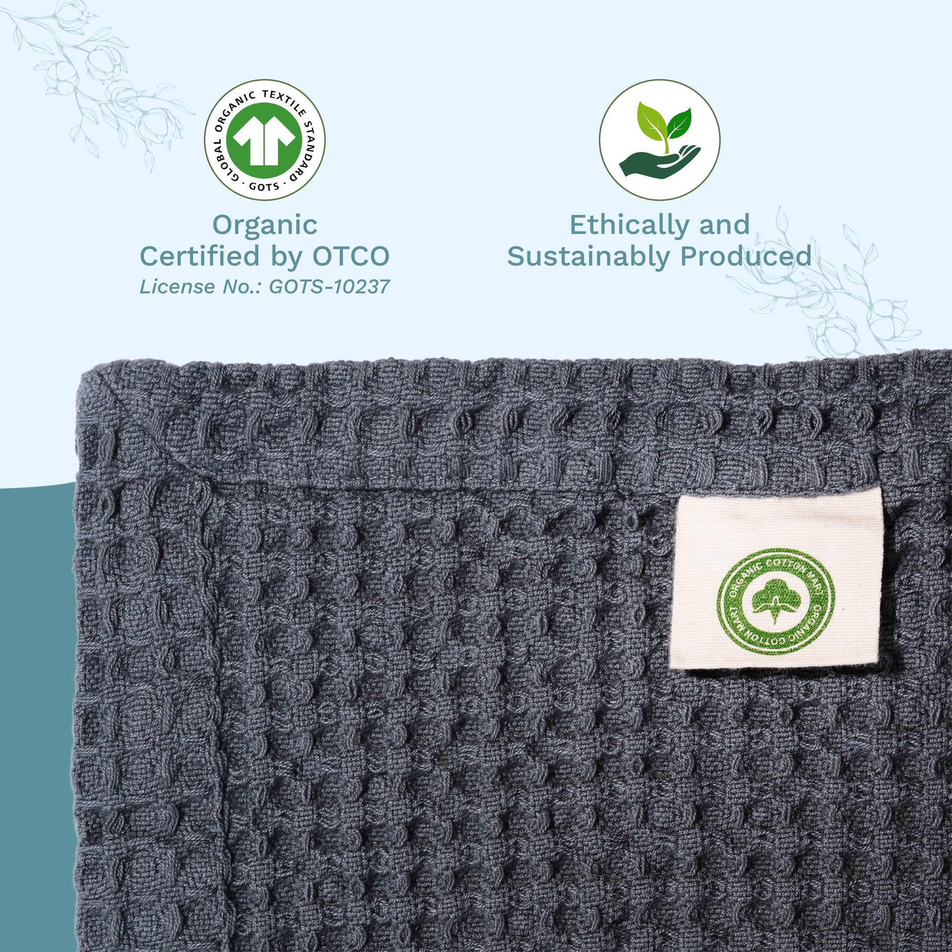 Gray waffle-weave blanket corner with stitched fabric tag