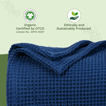 Waffle-weave blanket close-up in dark blue, folded with textured waffle squares.