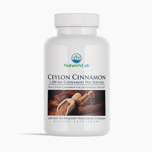 Nature's Lab Ceylon cinnamon supplement bottle with white cap