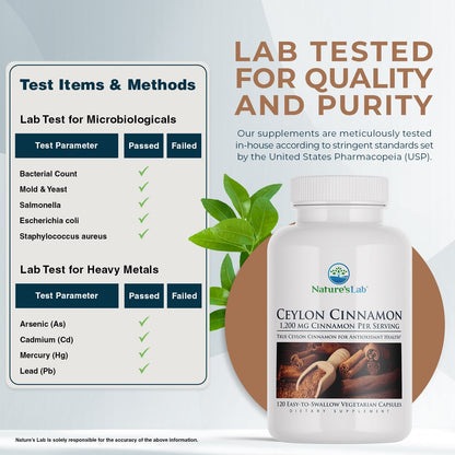 Nature's Lab Ceylon cinnamon supplement bottle with lab test panel