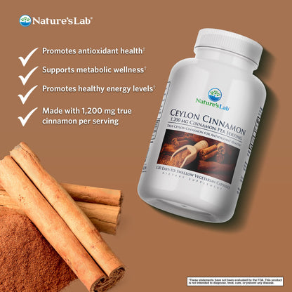 Nature's Lab Ceylon cinnamon supplement bottle with cinnamon sticks