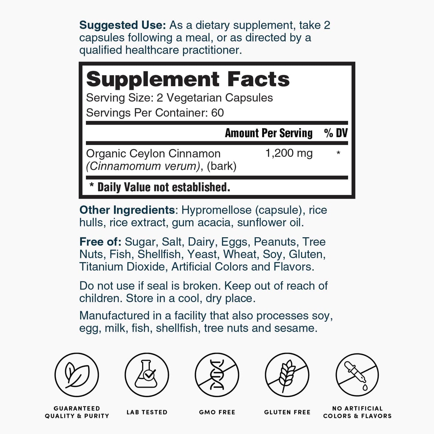 Supplement Facts panel for vegetarian Ceylon cinnamon 1,200 mg capsules