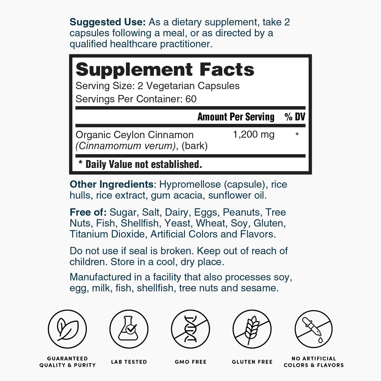 Supplement Facts panel for vegetarian Ceylon cinnamon 1,200 mg capsules