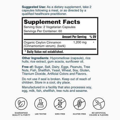 Supplement Facts panel for vegetarian Ceylon cinnamon 1,200 mg capsules