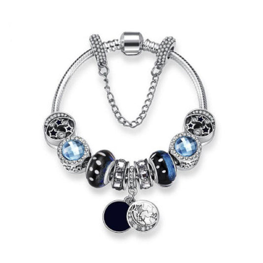 Charm Bracelet Silver-Tone Glass Crystal Beads Star Charm Blue Black Half Moon Dangling Charm - Renee Lane Company
