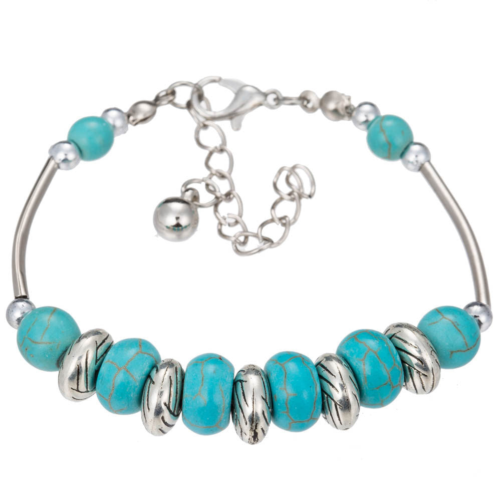 Silver-tone turquoise beaded bracelet with chain and round clasp