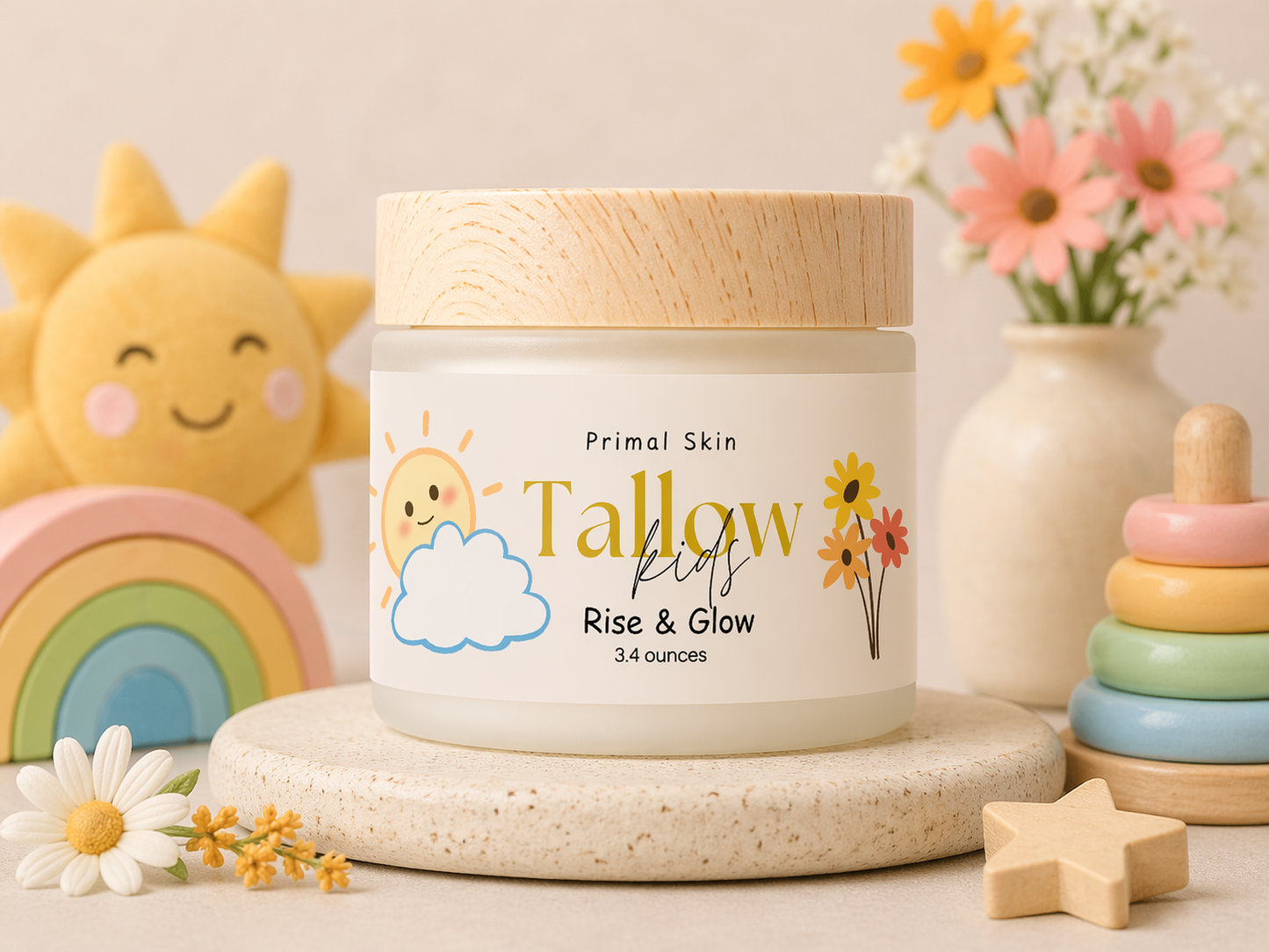 Kids moisturizer jar, cream container labeled Tallow & Glow Rise & Glow