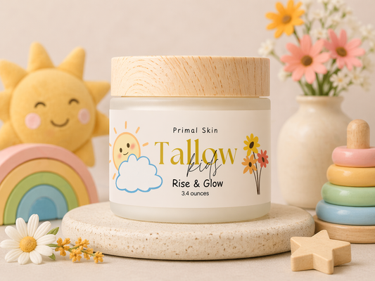 Kids moisturizer jar, cream container labeled Tallow & Glow Rise & Glow