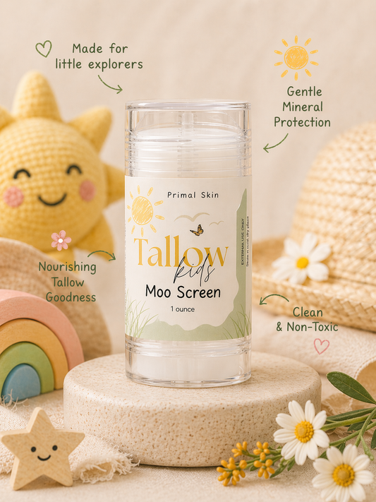 Kids mineral sunscreen bottle with clear pump and Moo Screen label, 1 ounce