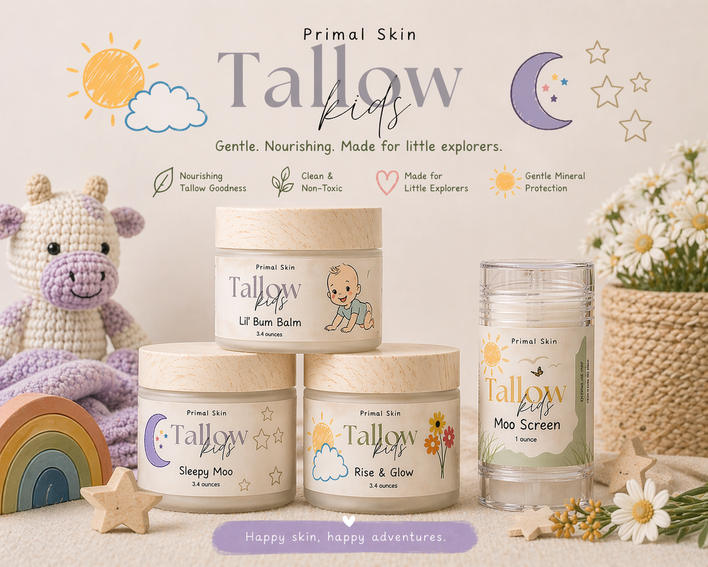 Kids tallow bundle with three balm tins and one body spray container, assorted labels
