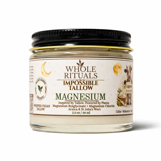 Whipped vegan magnesium balm jar with black screw lid, gold-toned glass finish