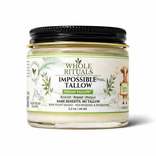 Moisturizer jar with black lid and pale green glass, vegan tallow label