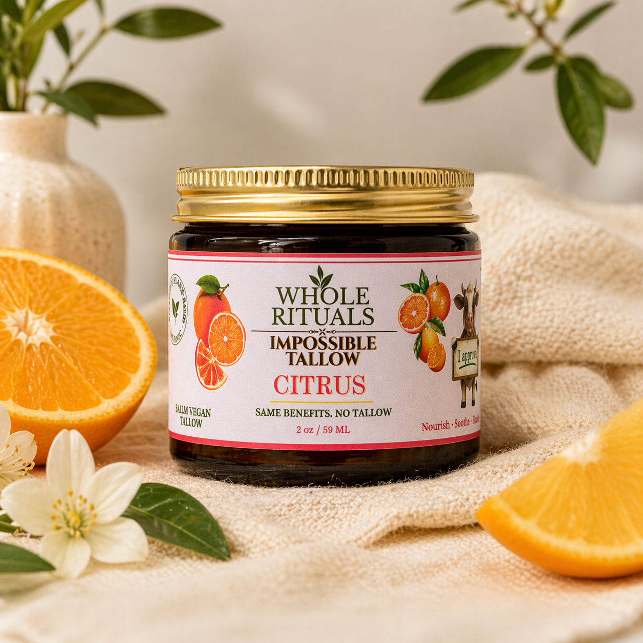 Citrus balm jar with gold lid and label, surrounded by orange slices