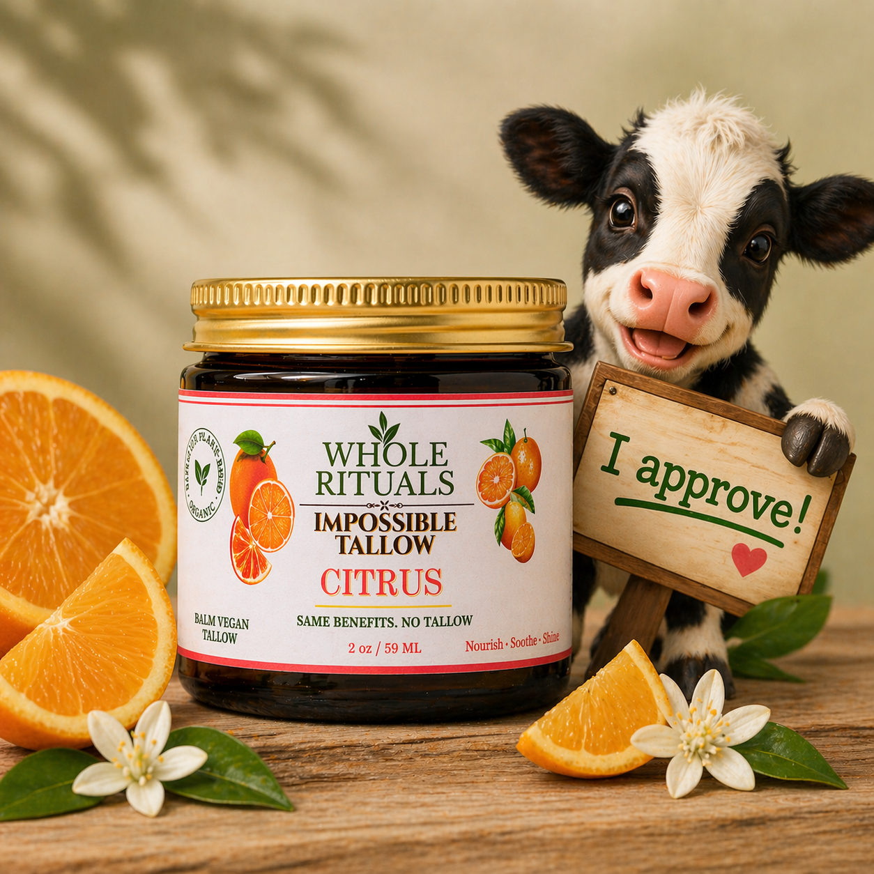 Moisturizing balm jar with gold lid and citrus label on wooden surface