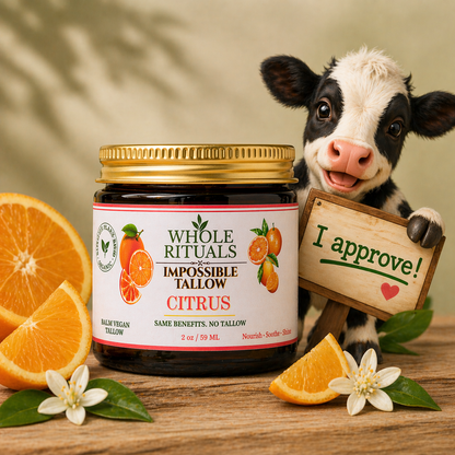 Moisturizing balm jar with gold lid and citrus label on wooden surface
