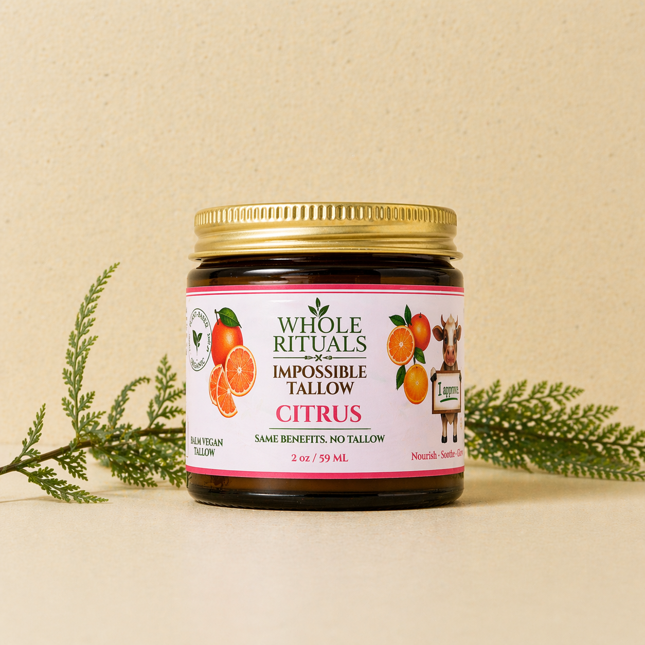 Moisturizing balm jar with gold lid and citrus label on beige background