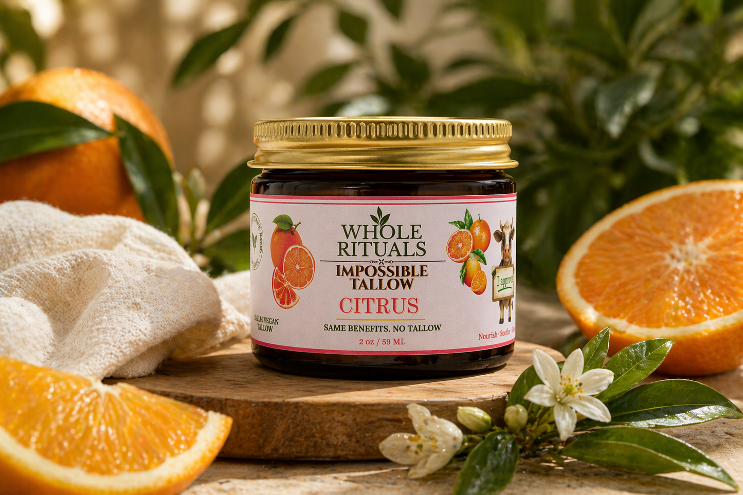 Moisturizing balm jar with gold lid and citrus label on wood slice
