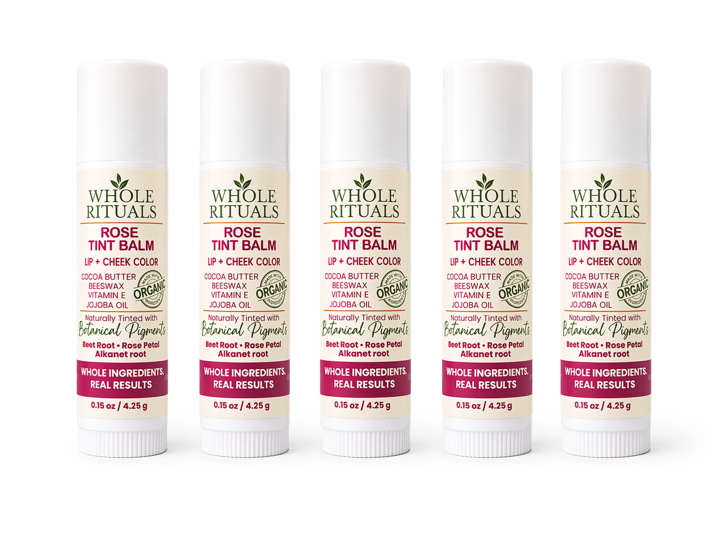 Set of five rose tint balm sticks for lips and cheeks, shown side by side