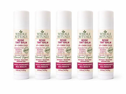 Set of five rose tint balm sticks for lips and cheeks, shown side by side