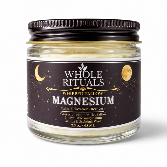 Whipped tallow magnesium balm jar with black lid and amber tinted glass