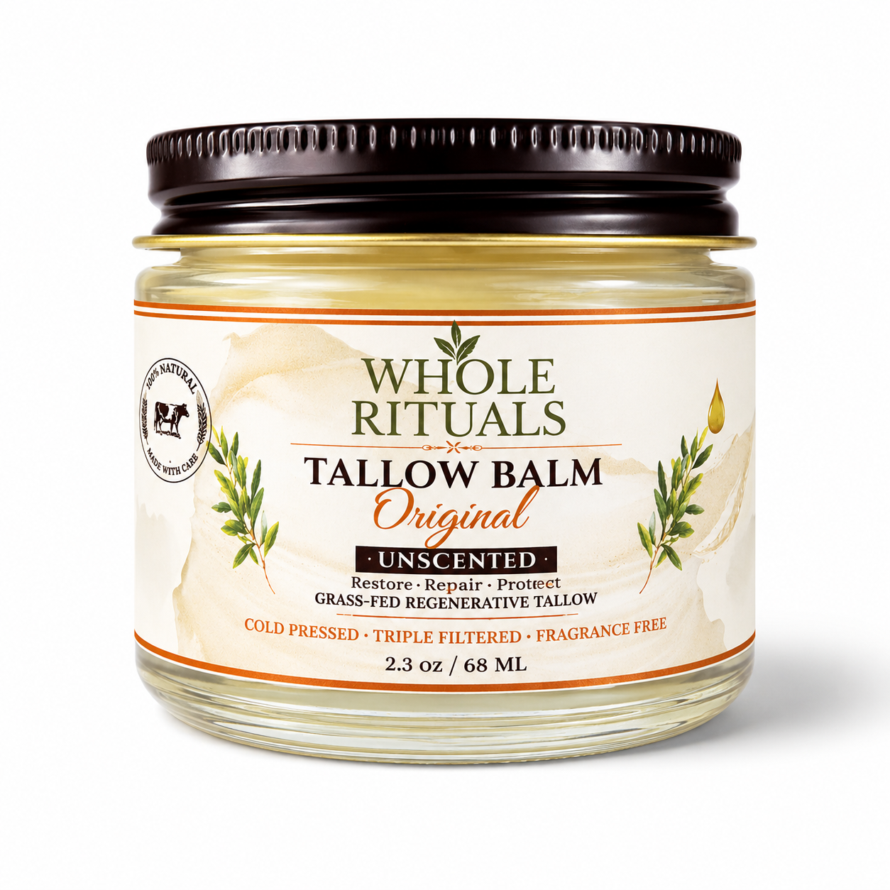 Tallow balm jar with black lid and cream label, Unscented Original