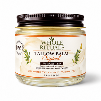 Tallow balm jar with black lid and cream label, Unscented Original