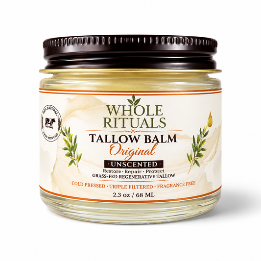Tallow balm jar with black lid and cream label, Unscented Original