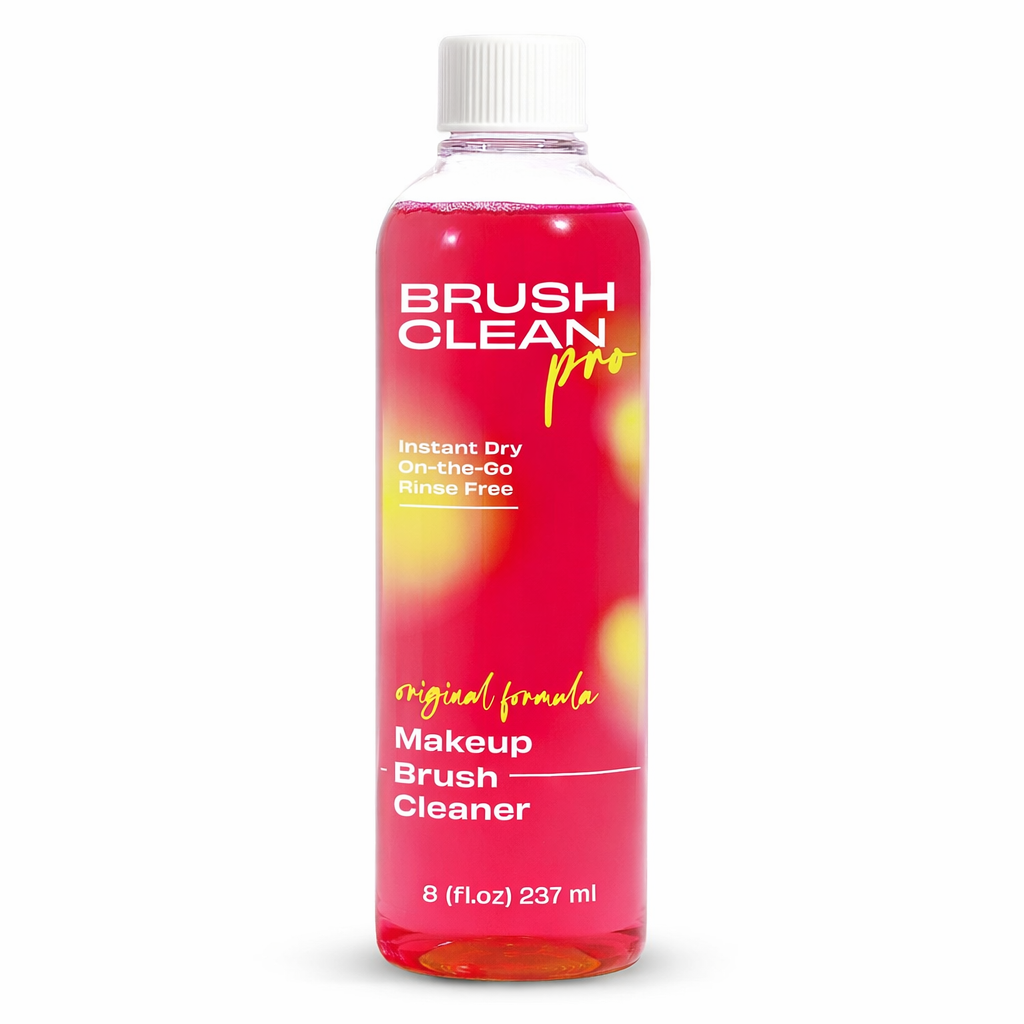 8 oz makeup brush cleaner bottle with rose-pink liquid