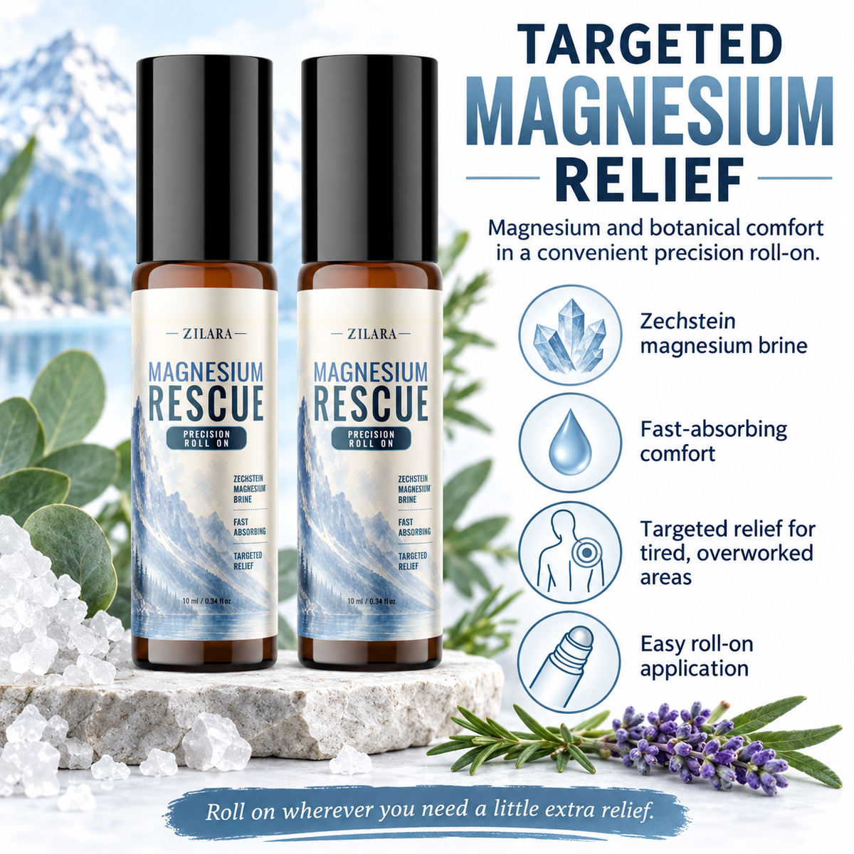 Magnesium rescue roll-on 2-pack: amber bottles with black caps and relief labels