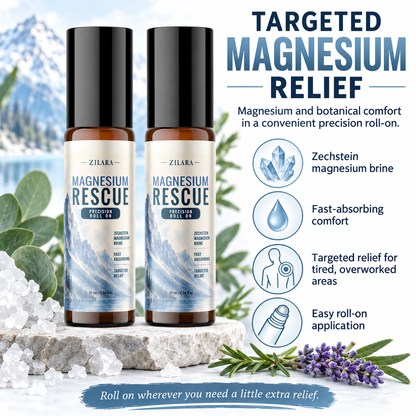 Magnesium rescue roll-on 2-pack: amber bottles with black caps and relief labels
