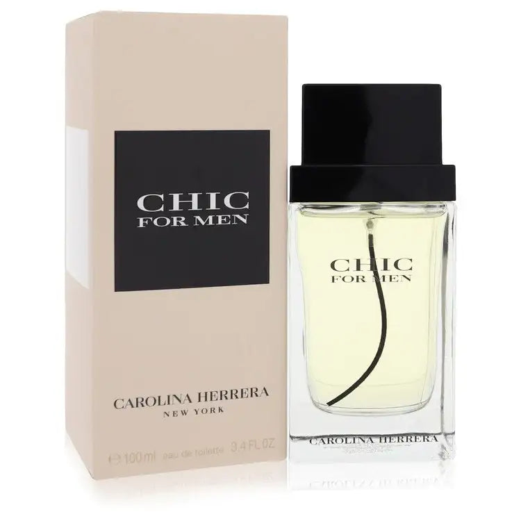Men's cologne bottle with Chic for Men label, clear glass and black cap beside box