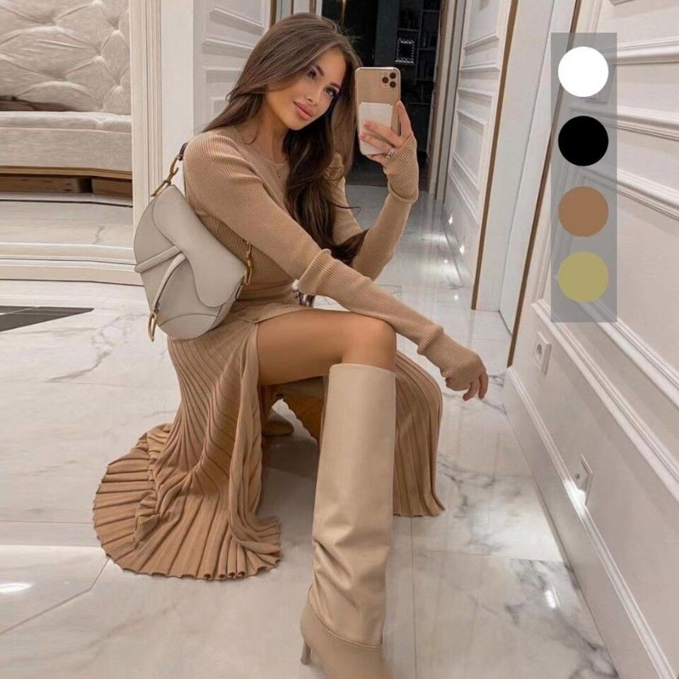 Beige knitted two-piece: long-sleeve crop top and pleated high-slit skirt